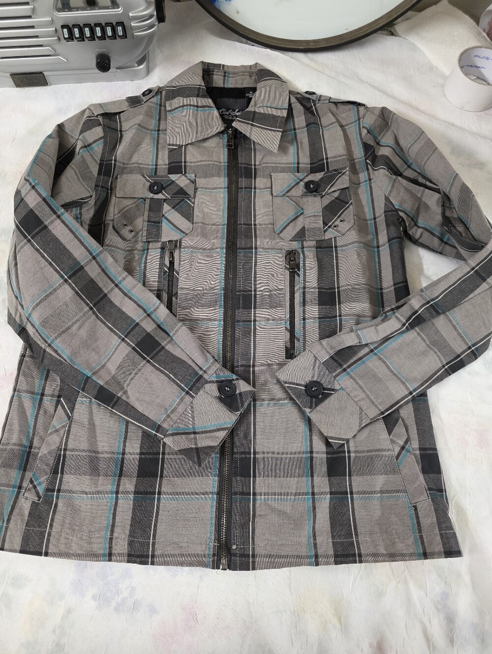 Civil Society Men's Gray Plaid Zip-Front Jacket with Teal Accents